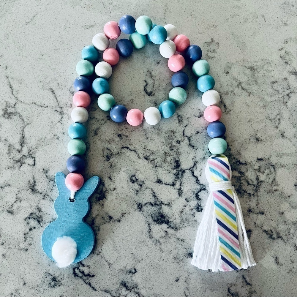 Easter Bunny Wood Bead Garland Blue Pink Mint Purple Pastel Beads Tray Decor